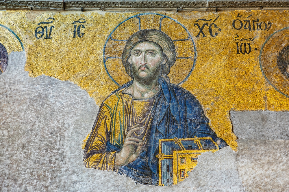 Byzantinisches Mosaik von Jesus Christus in der Oberen Galerie der Hagia Sophia mit historischer christlicher Kunst in Istanbul